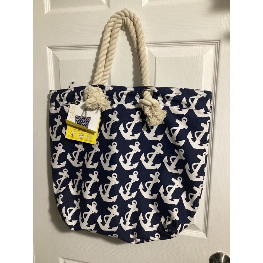 Crane Beach Tote Bag Anchor Nautical Zippered Blue Purse Rope Handle Heavy Duty
